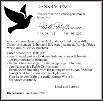 Traueranzeige von Rolf Raßmann von Südthüringer Presse