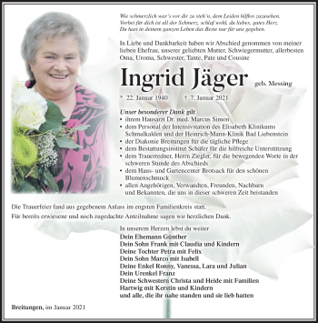 Traueranzeige von Ingrid Jäger von Südthüringer Presse