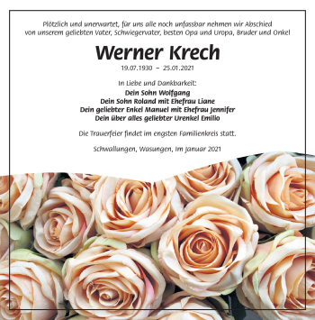 Traueranzeige von Werner Krech von Südthüringer Presse