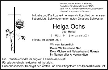 Traueranzeige von Helga Ochs von Frankenpost