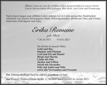 Traueranzeige von Erika Remane von Südthüringer Presse