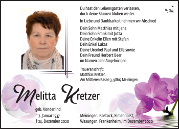 Traueranzeige von Melitta Kretzer von Südthüringer Presse