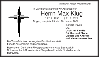 Traueranzeige von Max Klug von Frankenpost