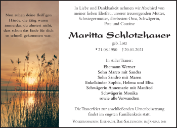 Traueranzeige von Maritta Schlotzhauer von Südthüringer Presse