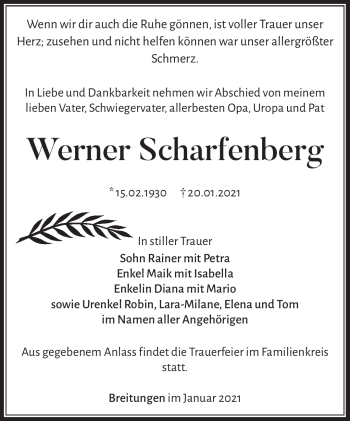 Traueranzeige von Werner Scharfenberg von Südthüringer Presse