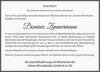 Traueranzeige von Dominic Zimmermann von Südthüringer Presse