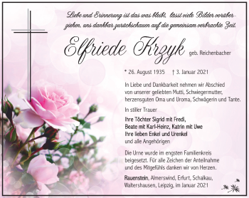 Traueranzeige von Elfriede Krzyk von Südthüringer Presse
