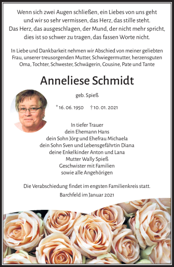 Traueranzeige von Anneliese Schmidt von Südthüringer Presse