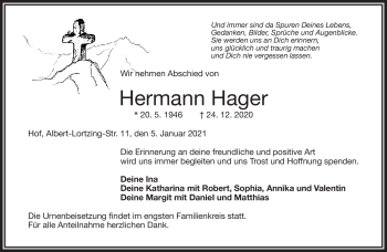 Traueranzeige von Hermann Hager von Frankenpost