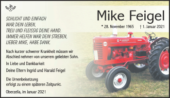 Traueranzeige von Mike Feigel von Südthüringer Presse