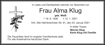 Traueranzeige von Alma Klug von Frankenpost