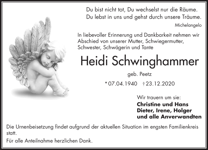  Traueranzeige für Heidi Schwinghammer vom 02.01.2021 aus Frankenpost