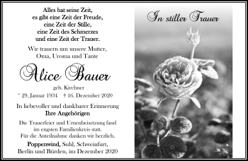 Traueranzeige von Alice Bauer von Südthüringer Presse