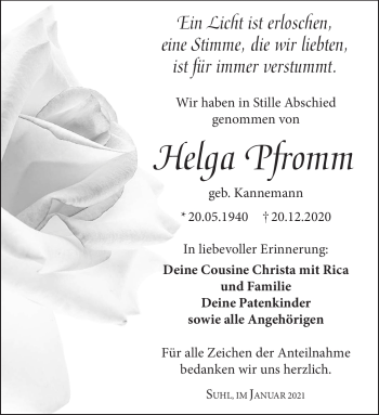 Traueranzeige von Helga Pfromm von Südthüringer Presse
