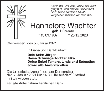 Traueranzeige von Hannelore Wachter von Neue Presse Coburg