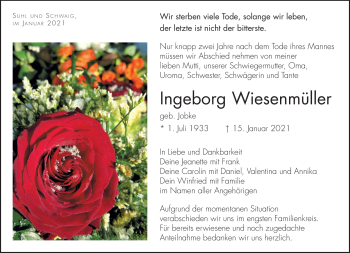 Traueranzeige von Ingeborg Wiesenmüller von Südthüringer Presse