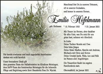 Traueranzeige von Emilie Höfelmann von Südthüringer Presse