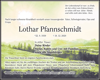 Traueranzeige von Lothar Pfannschmidt von Südthüringer Presse