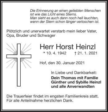 Traueranzeige von Horst Heinzl von Frankenpost