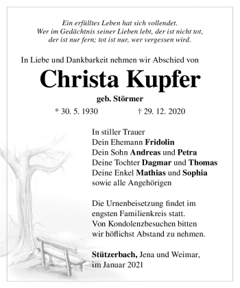 Traueranzeige von Christa Kupfer von Südthüringer Presse