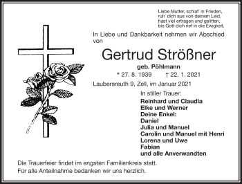 Traueranzeige von Gertrud Strößner von Frankenpost