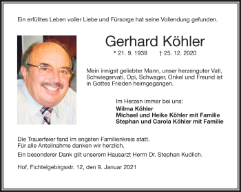 Traueranzeige von Gerhard Köhler von Frankenpost