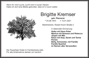 Traueranzeige von Brigitte Kremser von Frankenpost
