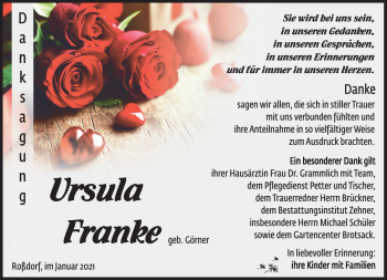 Traueranzeige von Ursula Franke von Südthüringer Presse