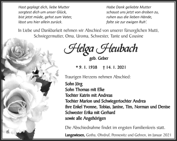 Traueranzeige von Helga Heubach von Südthüringer Presse