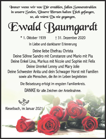 Traueranzeige von Ewald Baumgardt von Südthüringer Presse