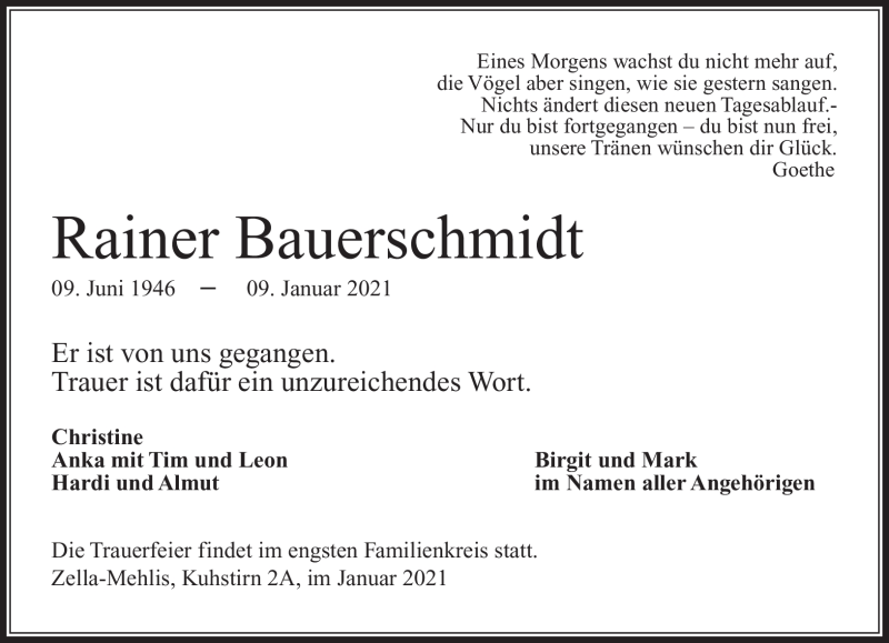  Traueranzeige für Rainer Bauerschmidt vom 16.01.2021 aus Südthüringer Presse