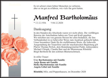 Traueranzeige von Manfred Bartholomäus von Südthüringer Presse