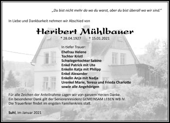 Traueranzeige von Heribert Mühlbauer von Südthüringer Presse
