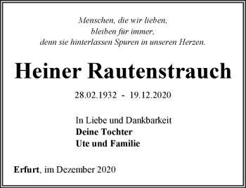 Traueranzeige von Heiner Rautenstrauch von Südthüringer Presse