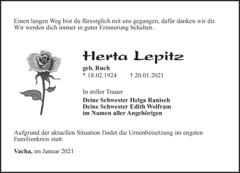 Traueranzeige von Herta Lepitz von Südthüringer Presse