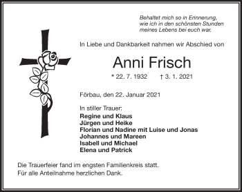 Traueranzeige von Anni Frisch von Frankenpost