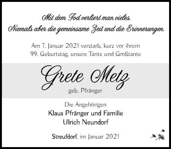 Traueranzeige von Grete Metz von Südthüringer Presse