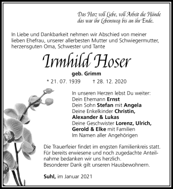 Traueranzeige von Irmhild Hoser von Südthüringer Presse