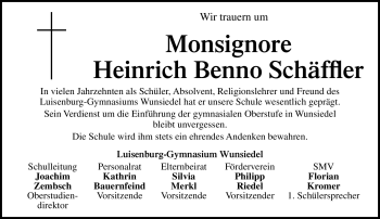 Traueranzeige von Heinrich Benno Schäffler von Frankenpost