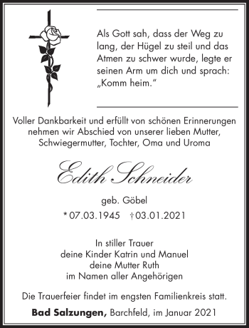 Traueranzeige von Edith Schneider von Südthüringer Presse
