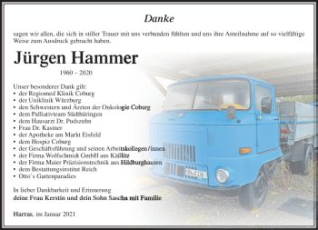Traueranzeige von Jürgen Hammer von Südthüringer Presse