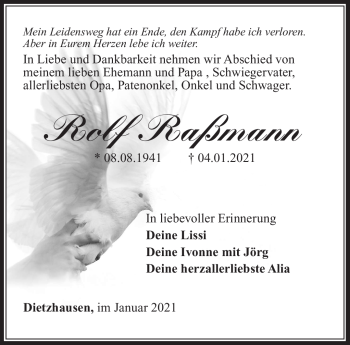 Traueranzeige von Rolf Raßmann von Südthüringer Presse