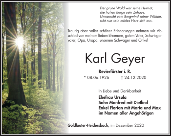 Traueranzeige von Karl Geyer von Südthüringer Presse