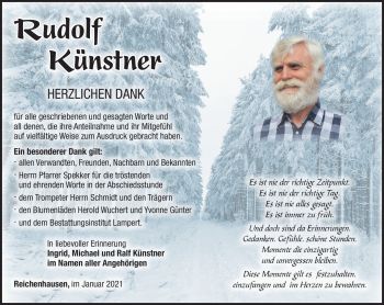 Traueranzeige von Rudolf Künstner von Südthüringer Presse