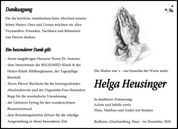 Traueranzeige von Helga Heusinger von Südthüringer Presse