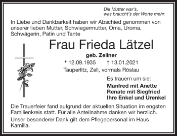 Traueranzeige von Frieda Lätzel von Frankenpost