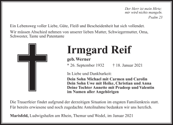 Traueranzeige von Irmgard Reif von Südthüringer Presse