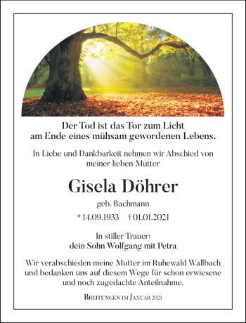 Traueranzeige von Gisela Döhrer von Südthüringer Presse