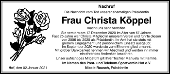 Traueranzeige von Christa Köppel von Frankenpost