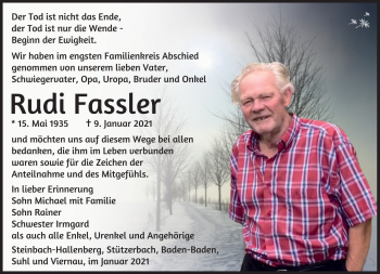 Traueranzeige von Rudi Fassler von Südthüringer Presse